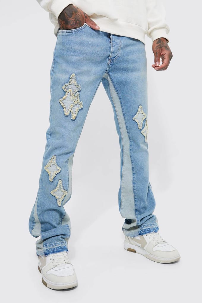 Slim Flare Applique Panel Jeans | Antique Blue | Size 52R
