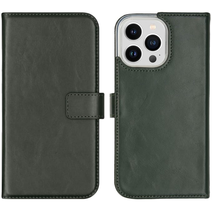 Selencia Hoesje - Geschikt voor Apple iPhone 14 Pro Max - Echt Lederen Bookcase - Groen
