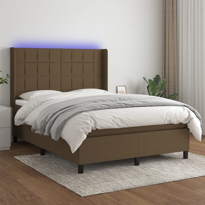 vidaXL - Boxspring - met - matras - en - LED - stof - donkerbruin - 140x190 - cm