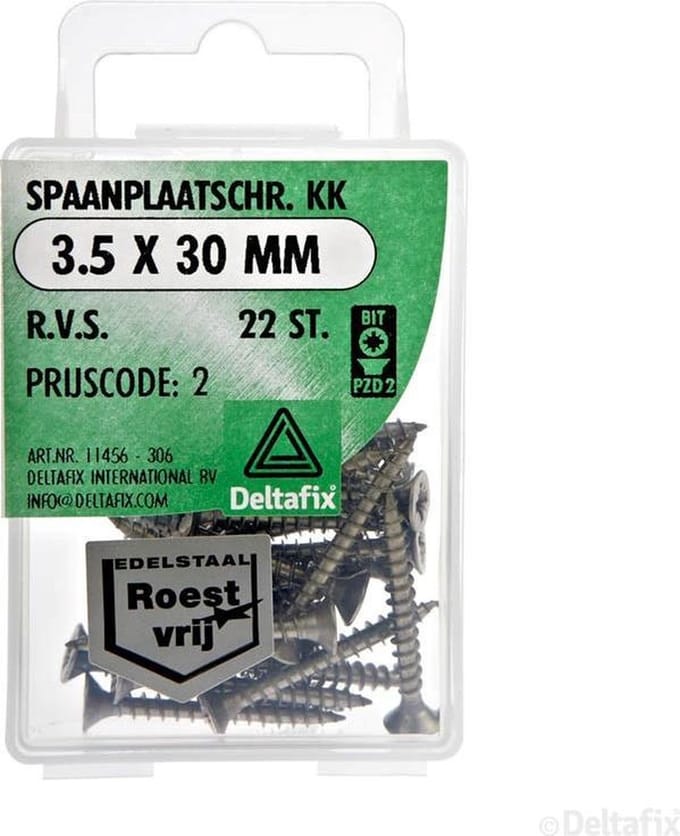 Deltafix. SPAAN plaat schroef. Plat kruis kop. 3.5 30 MM. R.V.S. 22 Stuks Hout schroeven.