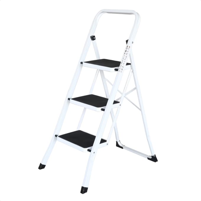 IVOL Huishoudtrap 3 treden - Keukentrap Inklapbaar - Wit - Antislip - Max. hoogte 70.5 cm