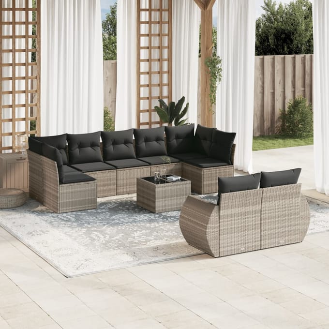vidaXL - 10-delige - Loungeset - met - kussens - poly - rattan - lichtgrijs