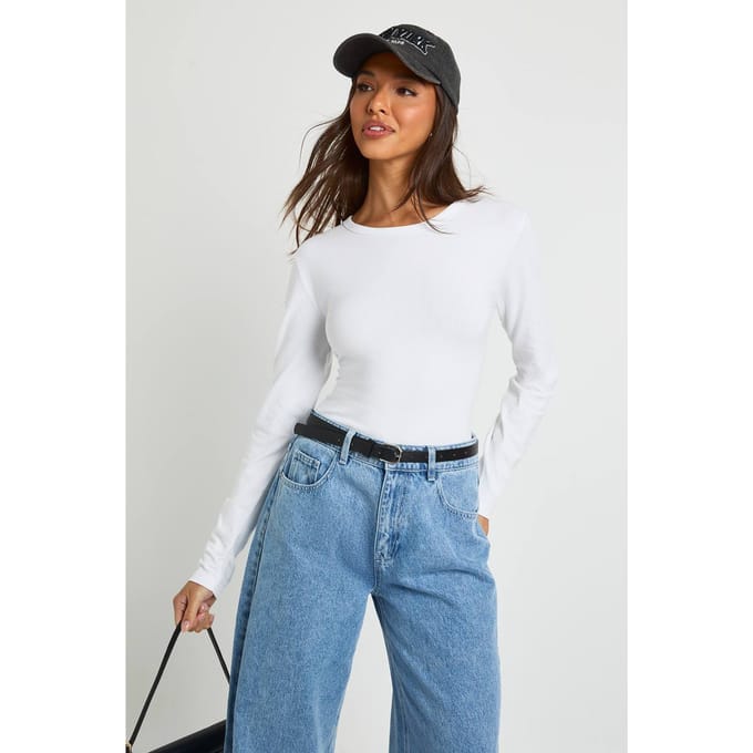 boohoo Dames Top met lange mouwen, aansluitend en lang gesneden | Wit | Maat: 38