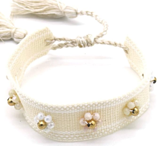 Stoffen Armband Dames - RVS Kralen - Lengte Verstelbaar - Beige