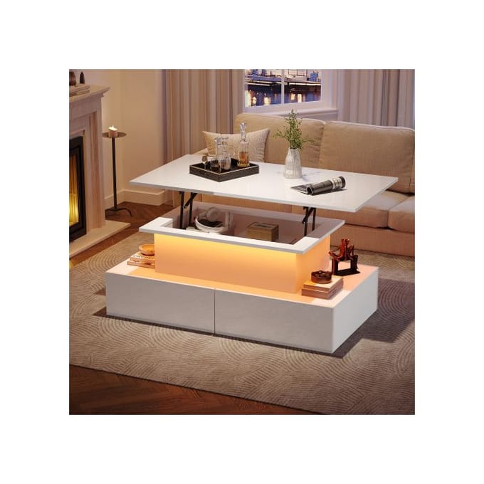 Table basse - MUVOE - Moderne - Blanc brillant - Éclairage LED - 4 tiroirs