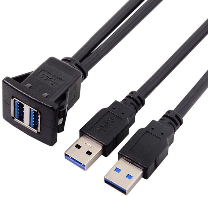 Verleng Y-kabel USB 3.0 naar Dubbele USB A Tuimelaar Inbouw voor Auto Dashboard 1m Waterdicht
