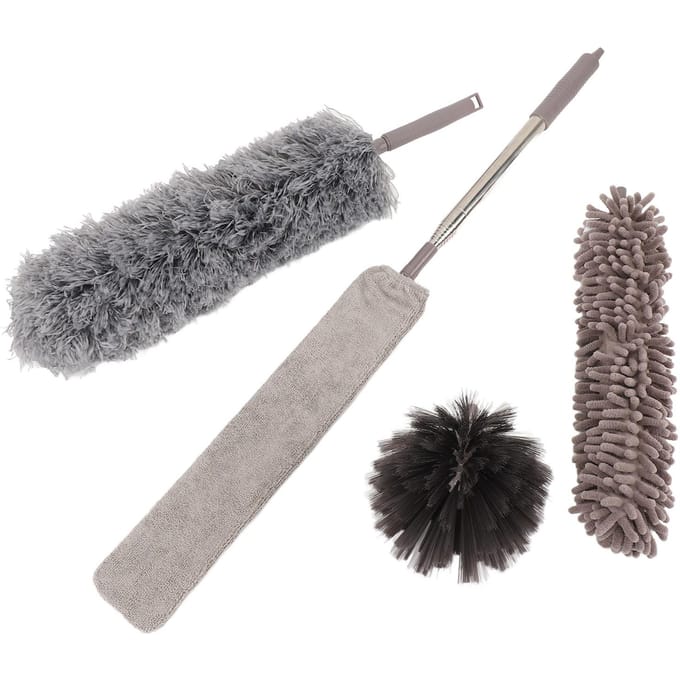 6 Stuks 1 Set Microfiber Stofdoek Telescopische Stang Wasbare Spinnenwebdoek Stofdoekset voor Plafondhoek gray