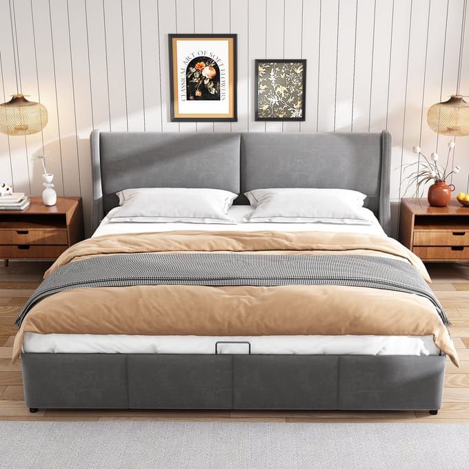 SINGULARITY-Gestoffeerd bed- oorvormig- kussenhoofdeinde- tweepersoonsbed- hydraulisch functioneel bed- 160 x 200- grijs- zonder matras