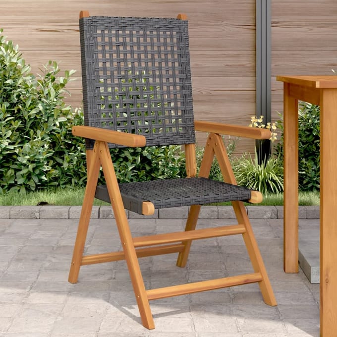vidaXL - Opklapbare - stoelen, - 2 - stuks, - zwart, - massief - acaciahout - en - polyrotan.