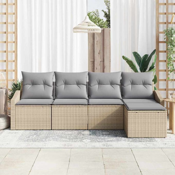 vidaXL - Bankstel - 5 - st - Beige - en - Lichtgrijs - poly - rattan