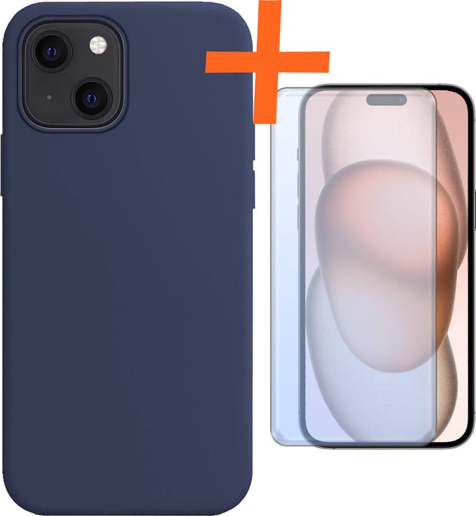 Hoes - Met Screenprotector - Geschikt voor Apple iPhone 15 - Sterk & Shockproof - Back Cover - Siliconen Case - Telefoon Hoes - Donkerblauw