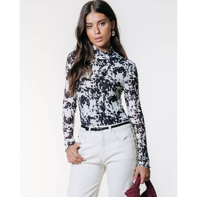Colourful Rebel Neyo Cow Mesh Turtleneck Top - S