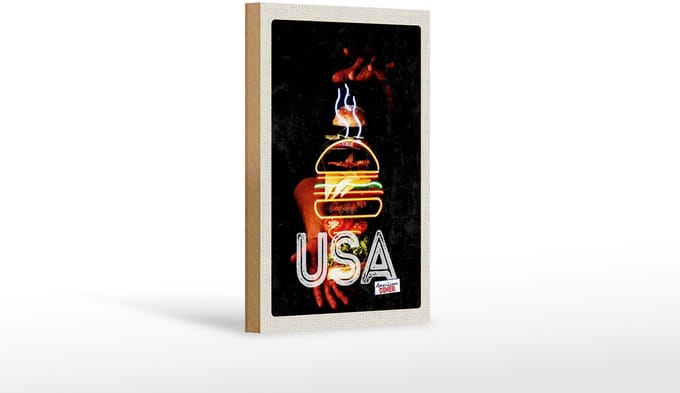 Holzschild Reise 12x18 cm Amerika USA American Burger Gerichte