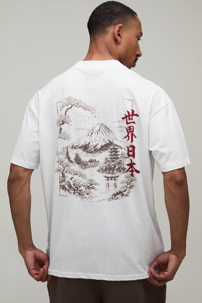 Oversized Boxy Japan Mountain Print T-Shirt | White | Size Medium