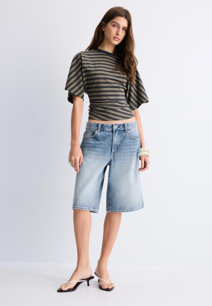 Stradivarius B08 Gestreept T-shirt met Japanse mouw  Kaki S
