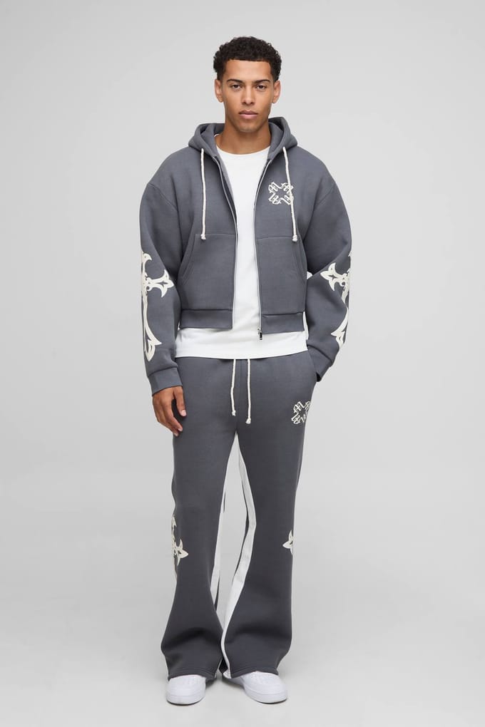 Geschrumpte Kruis Capuchon Rits Uitlopende Inzetstuk Trainingspak | Charcoal | Size Medium