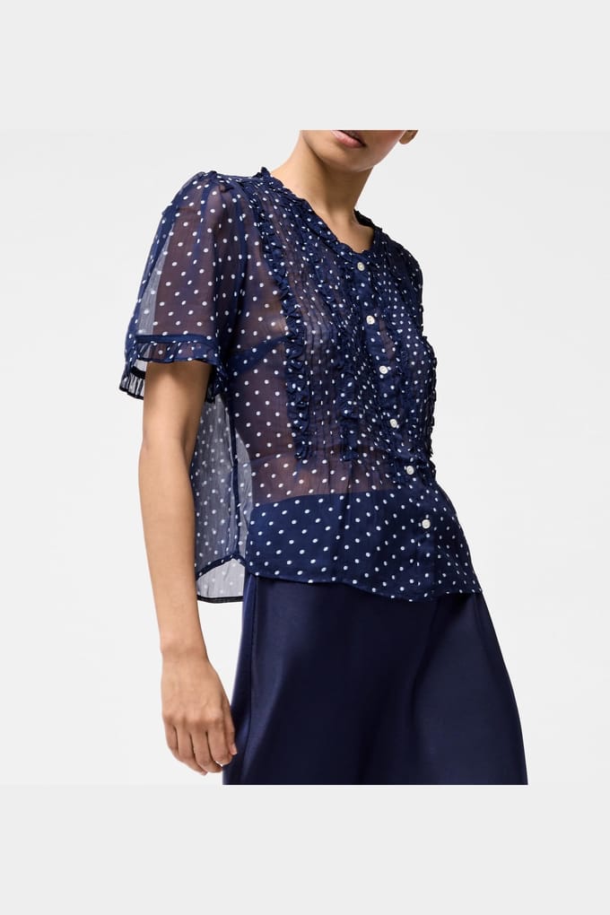 French Connection Polka S/s Ruffle Top Midnight/white Taglia: 8 | Magliette intime Outlet | Donna | Bianco