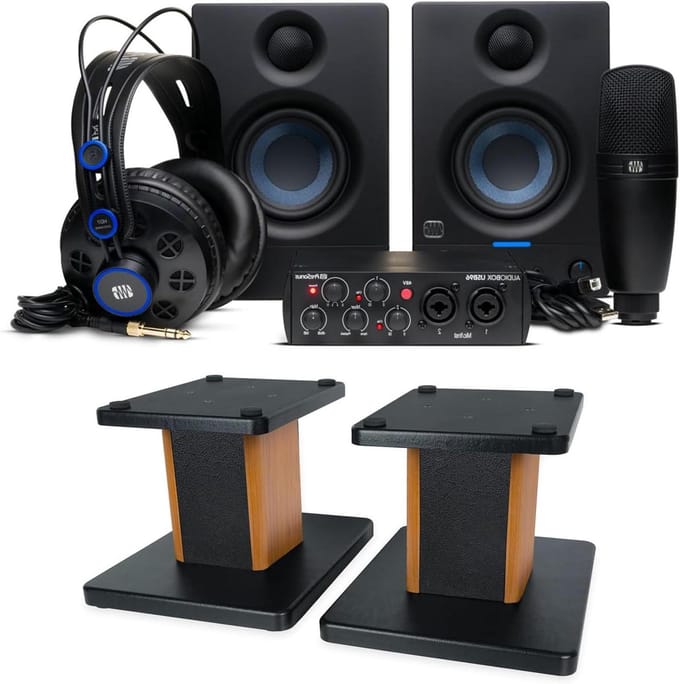 Presonus Audiobox 96k Complete Bundle Recording Set met Keepdrum SS041 Boxenstandaard in palissander