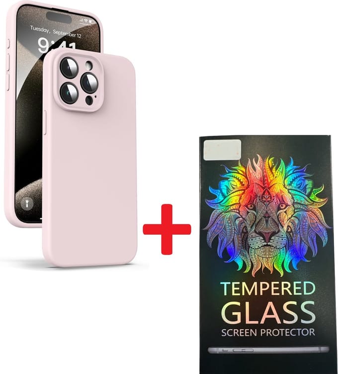 Solid hoesje Soft Touch Liquid Silicone + 1X Screenprotector Tempered Glass [Camera all-round bescherming] - Geschikt voor: iPhone 15 Pro Max - Lichtroze