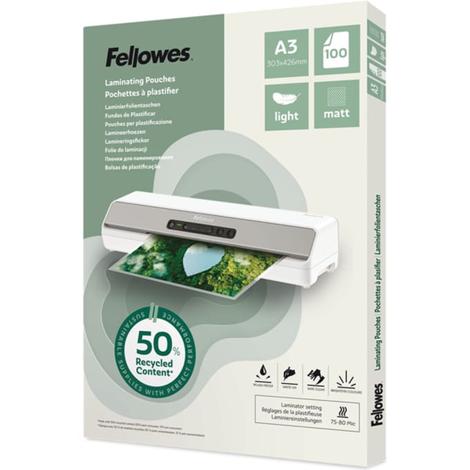 Fellowes® lamineerfolies, formaat A3, foliedikte 80 µ, gerecycled PET, transparant-mat, 100 stuks