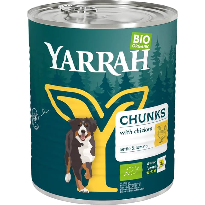 12 x 820 g Bio Kip met Bio Brandnetel & Bio Tomaten in Saus Yarrah Hondenvoer