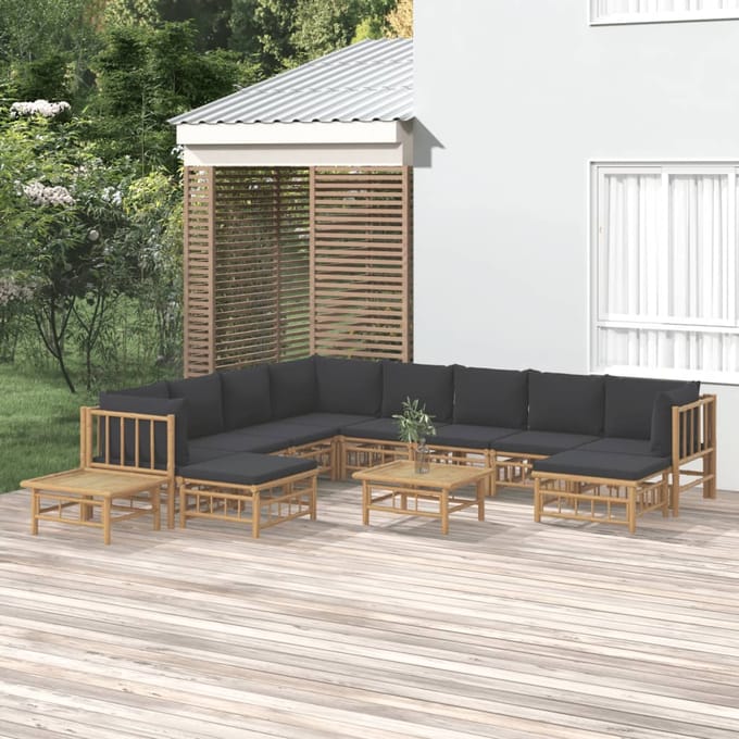 vidaXL - 12-delige - Loungeset - met - kussens - bamboe - donkergrijs