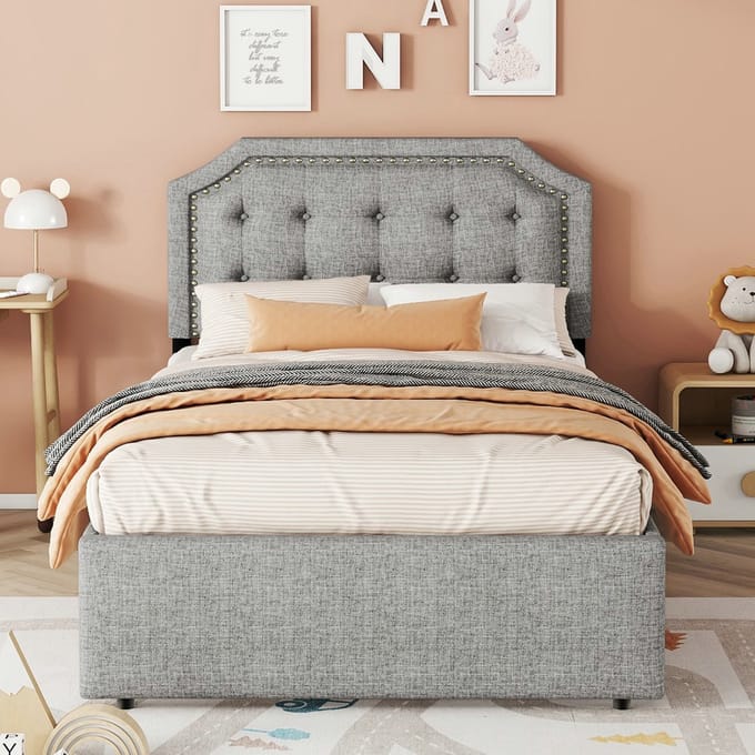 VVBV Gestoffeerd Opbergbed 90x200 cm met Bureau, Lades - Grijs