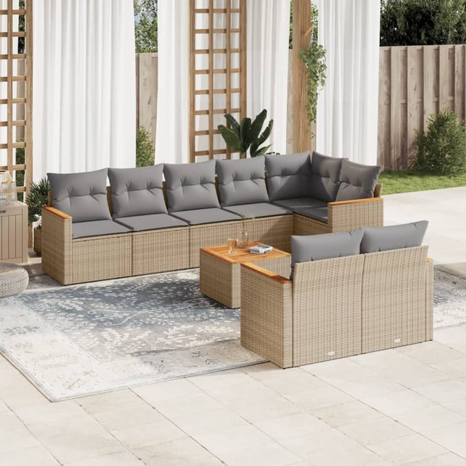 vidaXL - 9-delige - Loungeset - met - kussens - poly - rattan - gemengd - beige