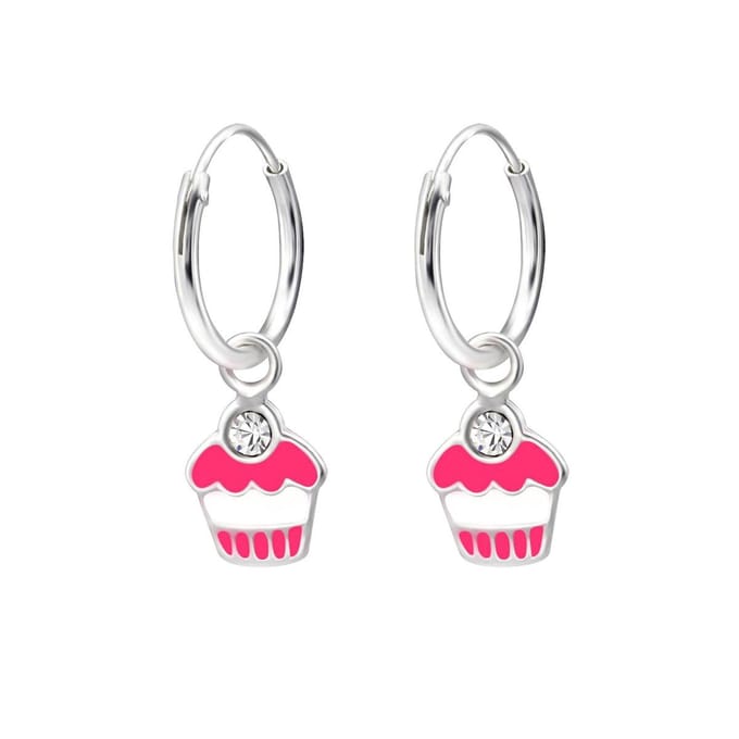 WeLoveSilver kinderoorringen - zilver - roze cupcake & kristal