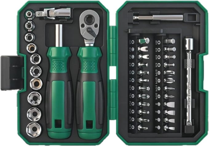 Ratelsleutel Set - Combinatiesleutelset Moersleutel - Klus Klussen - Magnetische Bithouder - 40 Delig - Zilver