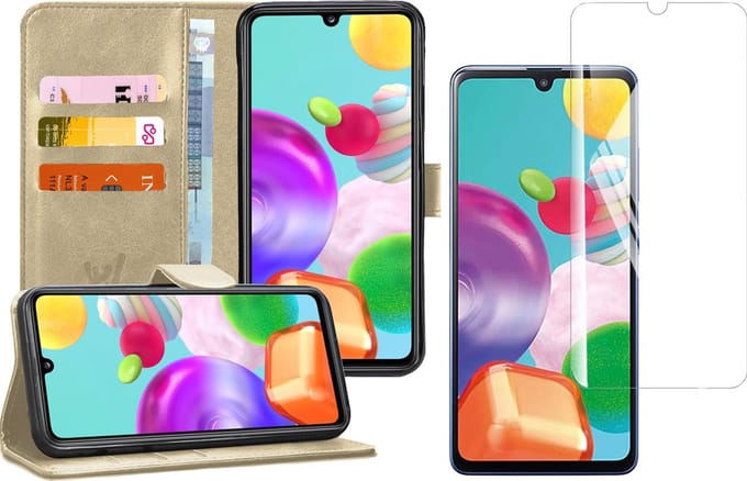 Hoesje geschikt voor Samsung Galaxy A41 - Screen Protector GlassGuard - Book Case Kunstleer Pasjeshouder Goud & Screenprotector