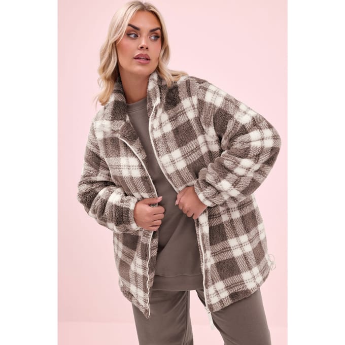 Yours Bruin Geruit Fleecejack Met Ritssluiting Size 44