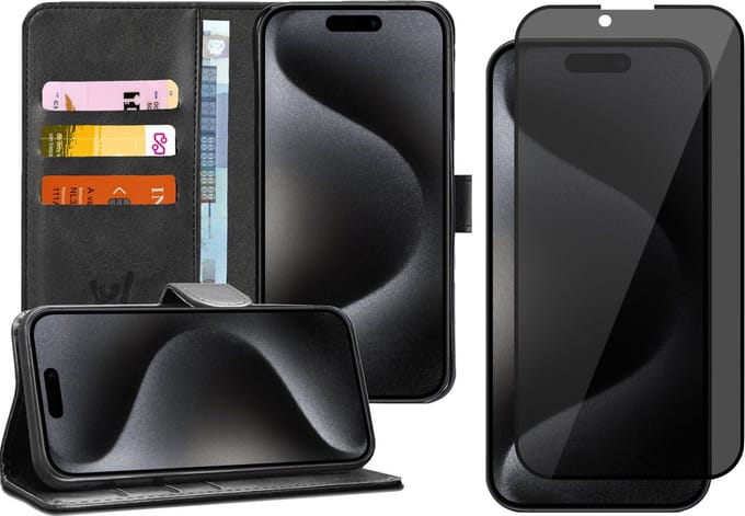 Hoesje geschikt voor iPhone 15 Pro Max - Privacy Screen Protector FullGuard - Book Case Kunstleer Pasjeshouder Zwart & Screenprotector