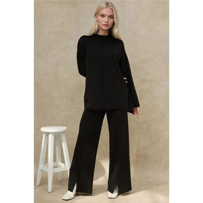 Lang Sweater & Hoge Taille Wijde Pijpen Gebreid Co-Ord Set