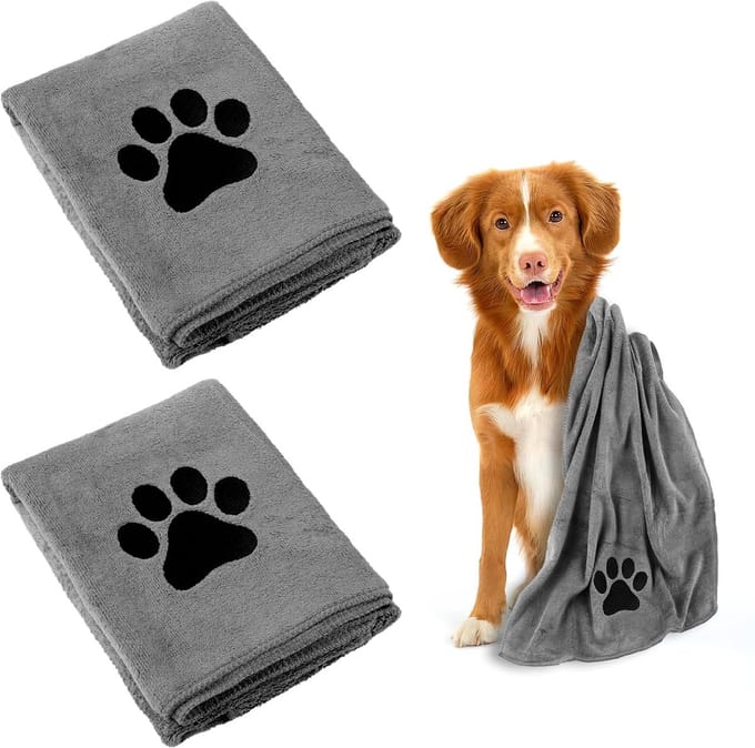 Hondendoek Set van 2 - Extra Absorberende Microvezel Handdoek - Snel Drogend voor Honden en Katten - 75x35 cm - Grijs - 2 Stuks