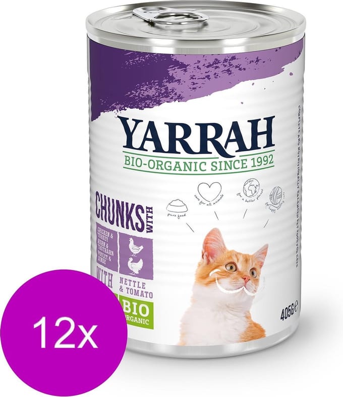 12x Yarrah Bio Kat Blik Chunks - Kip & Kalkoen - Kattenvoer - 405g