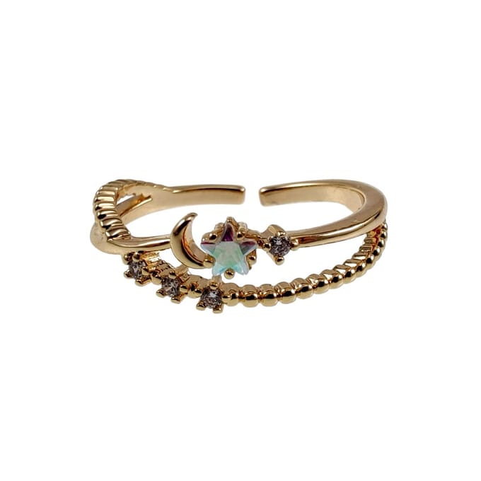 Verstelbare Ring met Sterren, Maan en Zirkonia, Ring, Gold Plated, Dames - Size 16 – 17mm