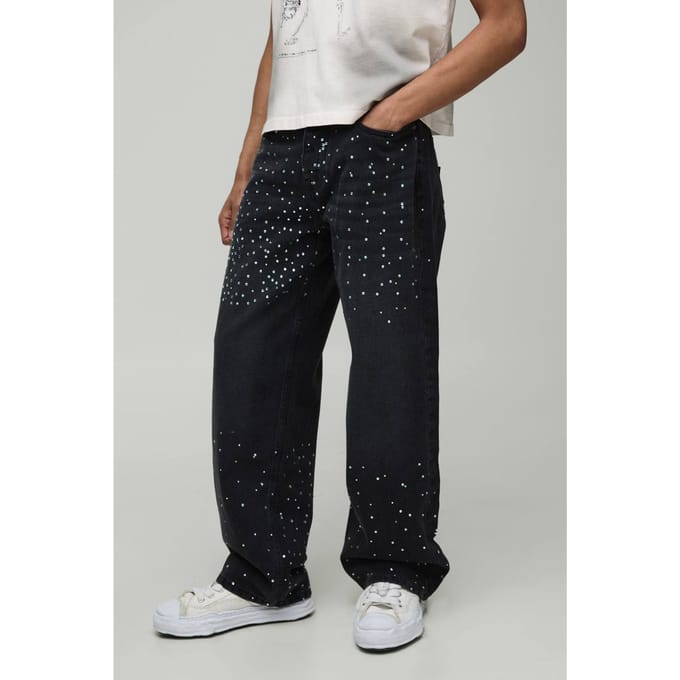 All Over Rhinestone Star Pocket Relaxed Fit Jeans | Washed Black | Size 28R