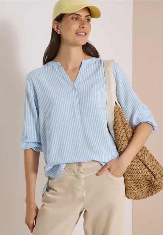 Blouse met 3/4-mouwen, split in de hals en strepen