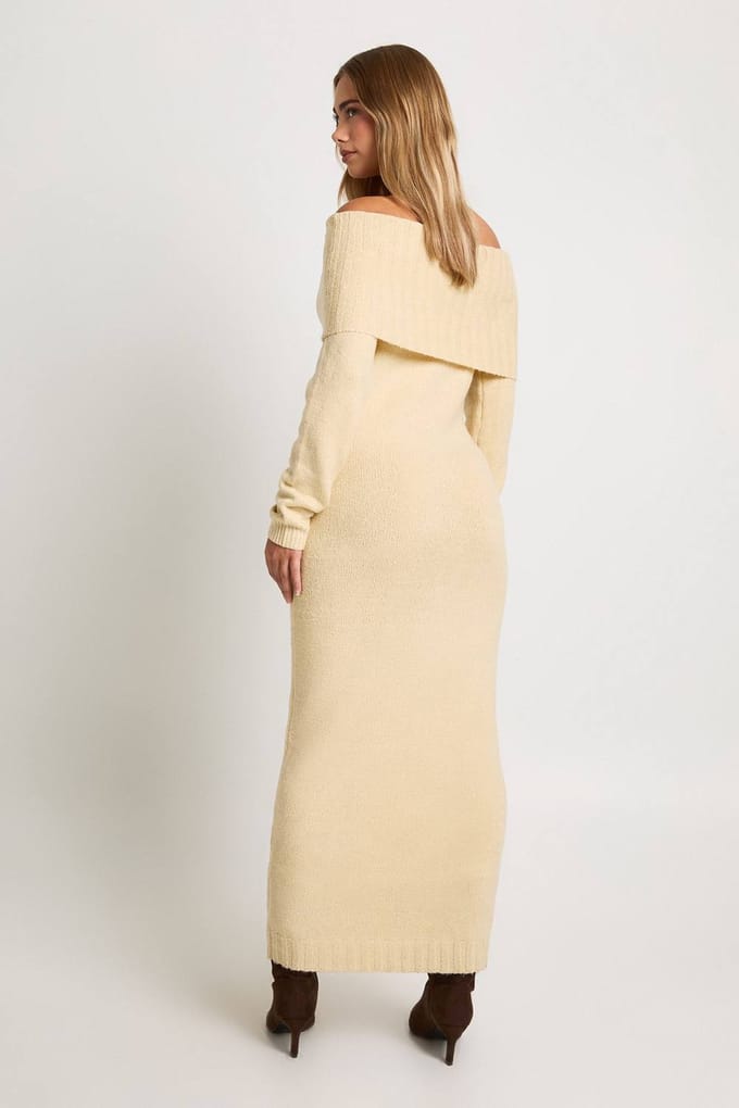 boohoo Dames Premium Oversized Bardot Halslijn Maxi Jumper Jurk | Stone | Maat: Medium