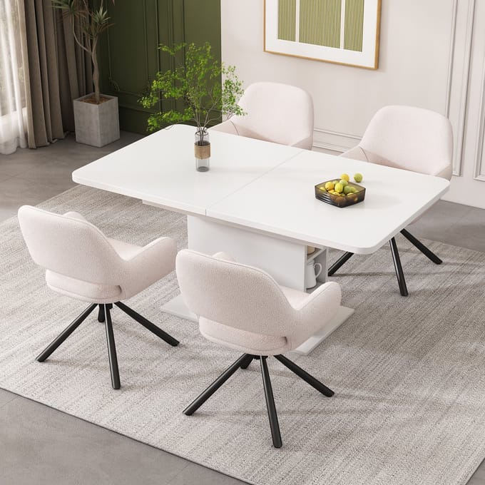 REDOM - Set Van 4 Eetkamerstoelen - Draaibaar Met Armleuningen - Modern - Sherpa - Wit