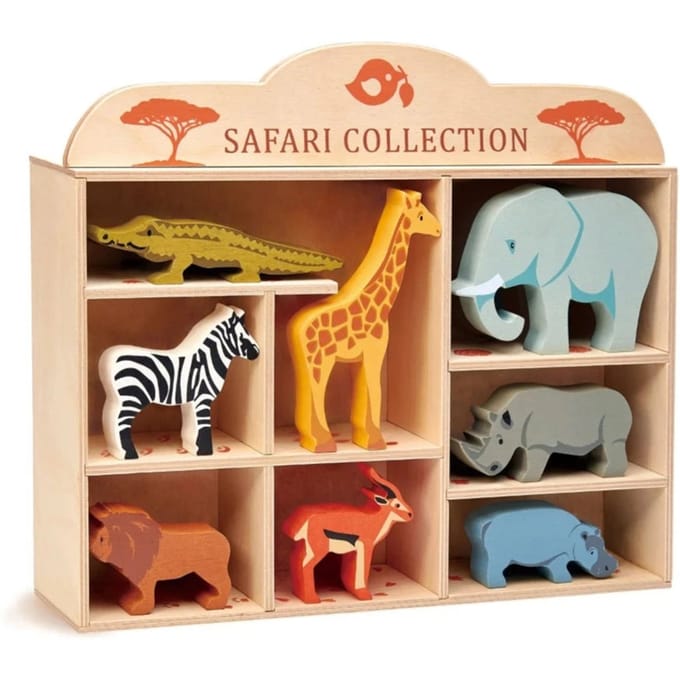 TENDER LEAF Houten Dieren - Set Safaridieren - 8 Verschillende Figuren - Met Display Plank - 3 Jaar