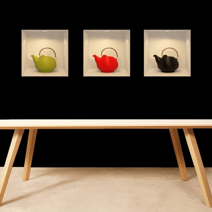 Sticker met 3D-effect van een moderne theepot, 30 x 90 cm