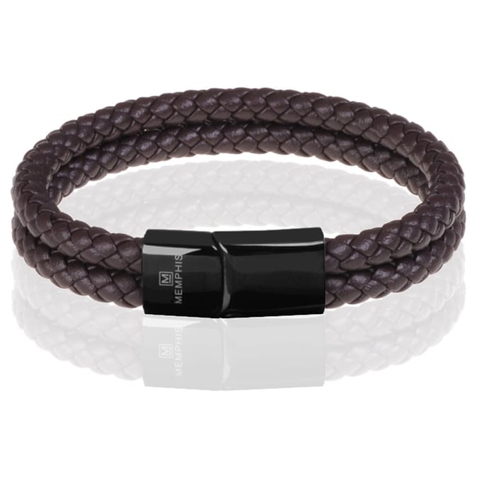 Memphis dubbele leren armband Donkerbruin Zwart-19cm