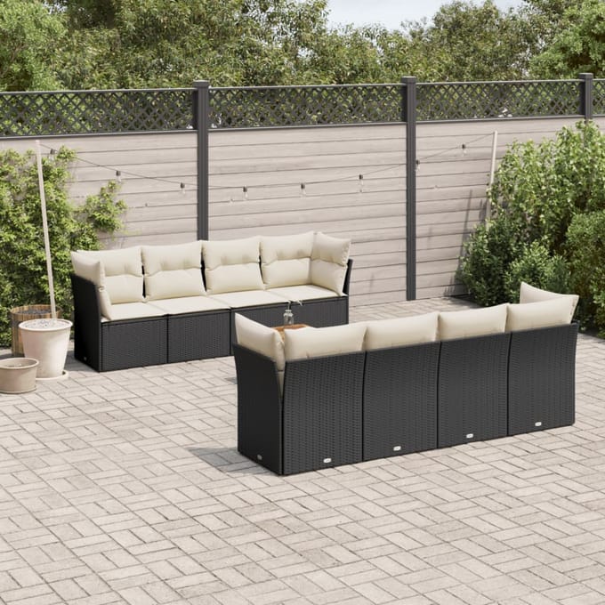 vidaXL - 9-delige - Loungeset - met - kussens - poly - rattan - zwart