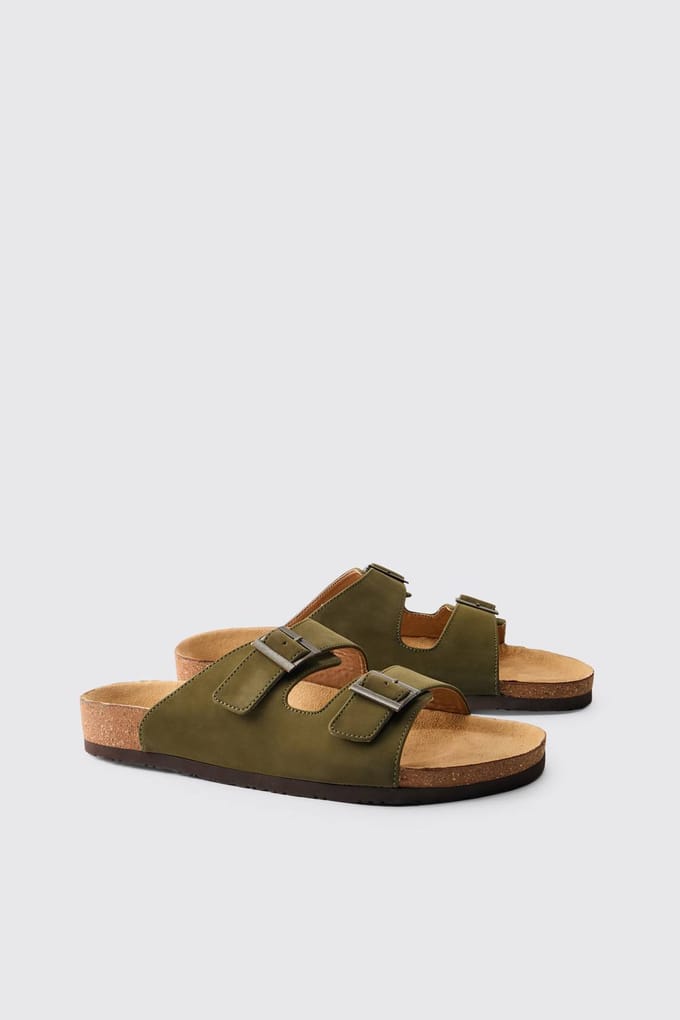 Sandaal Met Dubbele Bandjes Van Imitatiesuède | Olive | Size 44