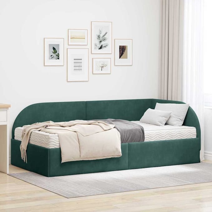 vidaXL - Hoekbedframe - met - Matras - 2 - st - Donkergroen - 90 - x - 190 - cm - Fluweel