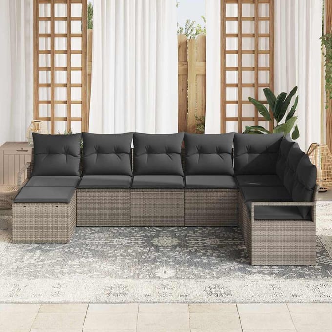 vidaXL Bankstel met kussen met opslag 8 pcs Grijs poly rattan