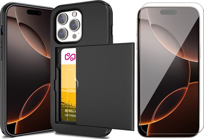 Hoesje met Pasjeshouder geschikt voor iPhone 16 Pro Max - Screen Protector GlassGuard - Back Cover SlideCase Zwart & Screenprotector