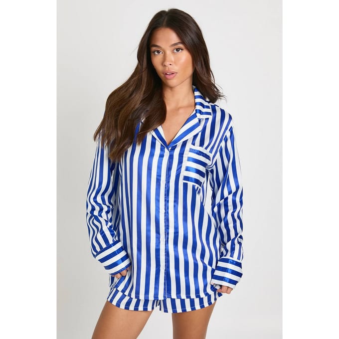 boohoo Dames Oversized pyjamashirt & shortset met contrasterende streep | Blue | Maat: 12